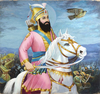 GURU GOBIND SINGH (1575- 1708) RIDING A HORSE HOLDING A SWORD, BY THE ARTIST RAM VERMA,  SECOND HALF 20TH CENTURY