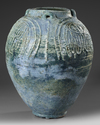 A LARGE POST SASSANIAN TURQUOISE GLAZED POTTERY STORAGE JAR,  PERSIA OR IRAQ, 7TH-8TH CENTURY