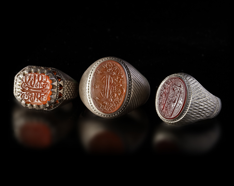 THREE AGATE SEAL SILVER RINGS