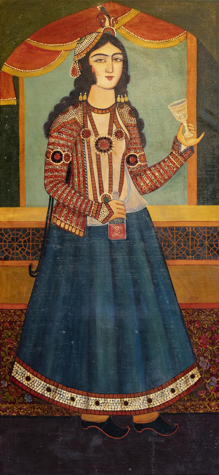 A WOMAN HOLDING A CUP, QAJAR STYLE, PERSIA, 20TH CENTURY