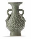 A CHINESE MOULDED LONGQUAN CELADON 'FU SHOU' VASE, YUAN-EARLY MING DYNASTY, 14TH CENTURY