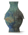 A CHINESE BRONZE SQUARE-SECTION TWIN-HANDLED HU VASE, HAN DYNASTY (206 BC-220AD)