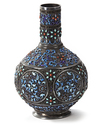 A CHINESE SILVER FILIGREE ENAMELLED BOTTLE VASE WITH TURQUOISE AND CORAL INLAY