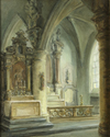 PAUL-VICTOR MAES (1924), A CHURCH INTERIOR, OIL ON BOARD