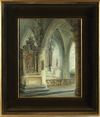 PAUL-VICTOR MAES (1924), A CHURCH INTERIOR, OIL ON BOARD