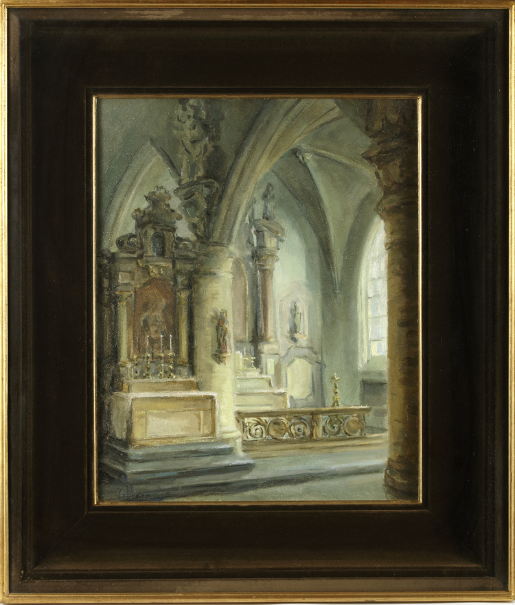 PAUL-VICTOR MAES (1924), A CHURCH INTERIOR, OIL ON BOARD