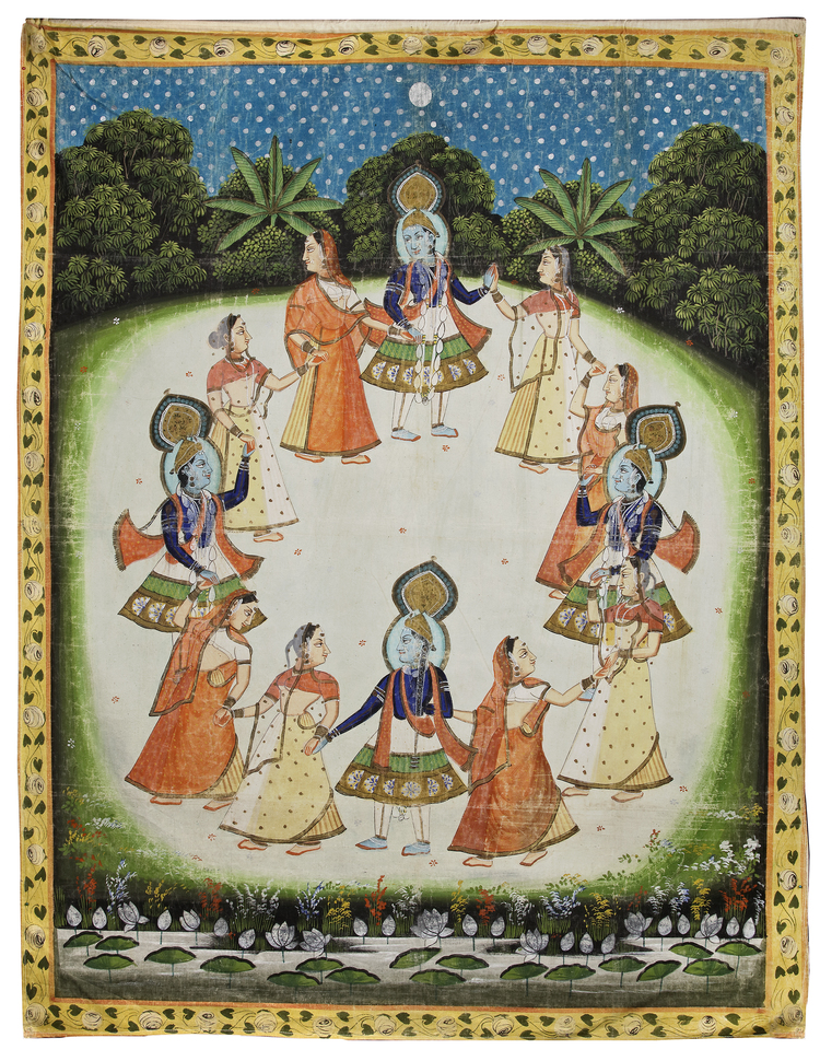 KRISHNA DANCES IN THE RASLILA WITH GOPIS ON TEXTILE, INDIAN SCHOOL, 20TH CENTURY