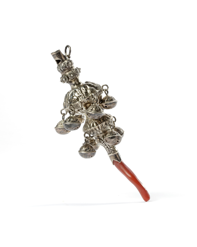 A SILVER PLATE RATTLE WITH CORAL, LATE 19TH CENTURY