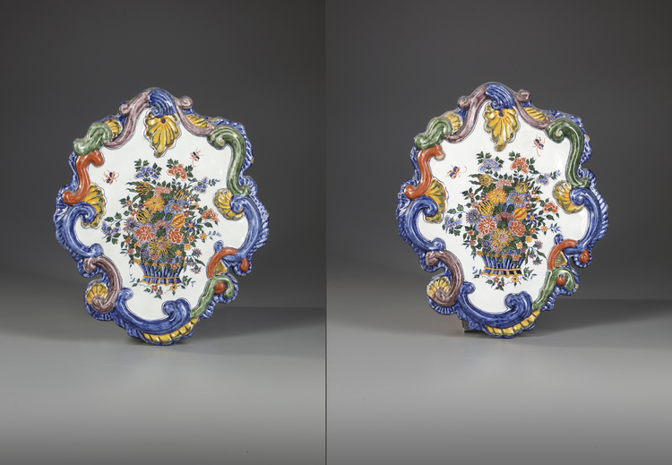 A PAIR OF MIXED TECHNIQUE POLYCHROME DELFT PLAQUES, MID 18TH CENTURY