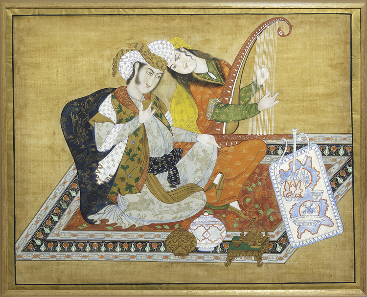 A SAFAVID STYLE PAINTING OF A COUPLE ON TEXTILE, PERSIA, QAJAR, EARLY ...