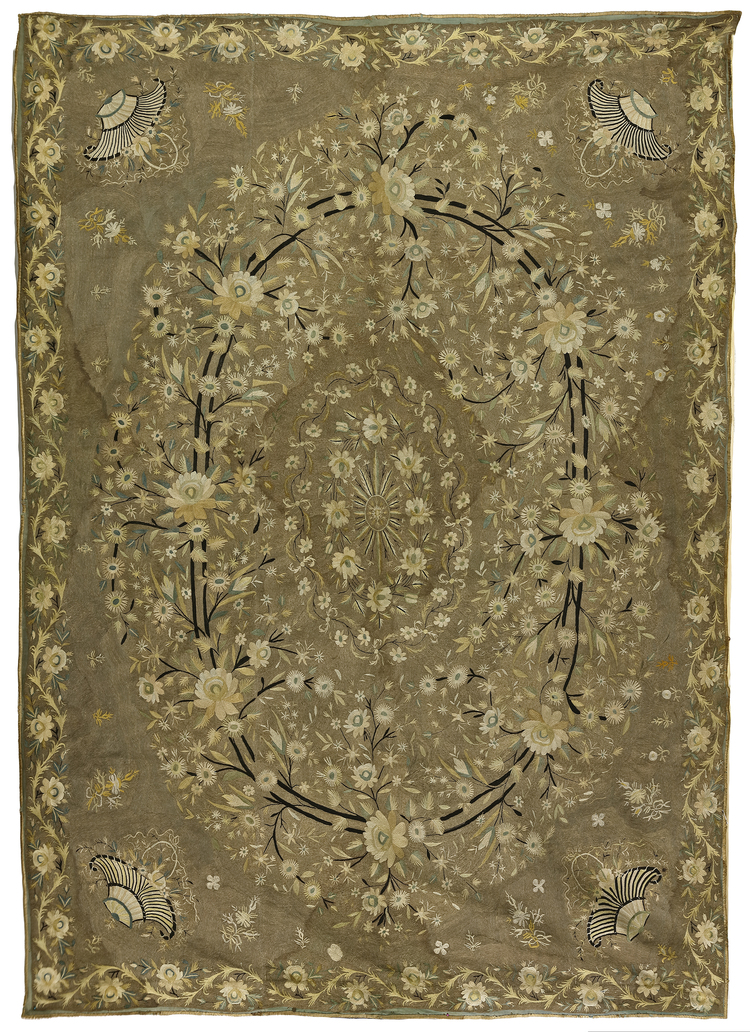 A JAPANESE EMBROIDERED SILK WALL HANGING PANEL, EDO/MEIJI 19TH CENTURY