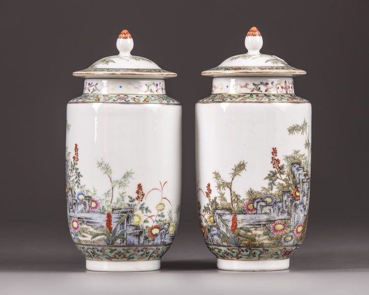 A pair of small Chinese famille rose lantern vases and covers
