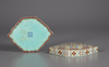 A TURQUOISE-GROUND FAMILLE ROSE SHAPED BOX AND COVER, 20TH CENTURY