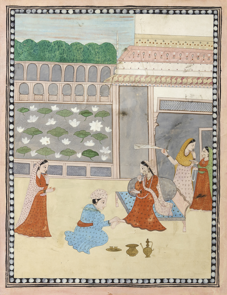 A PRINCESS IN A COURTYARD WITH ATTENDANTS, KANGRA NORTH INDIA, LATE 19TH CENTURY