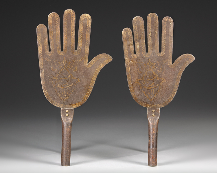 TWO QAJAR CALLIGRAPHIC STEEL HANDS OF FATIMA, PERSIA 20TH CENTURY