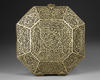 A QAJAR OPENWORK OCTAGONAL BRASS BOX WITH COVER, 19TH CENTURY