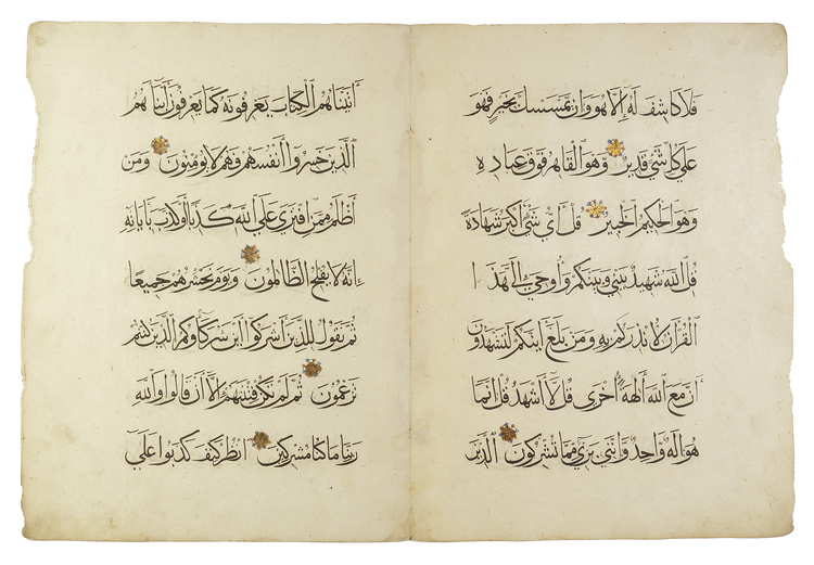 FIVE QURAN MAMLUK MUHAQQAQ FOLIOS, EGYPT OR SYRIA, 14TH CENTURY