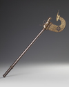 A CEREMONIAL GOLD-DAMASCENED STEEL AXE, INDIA, DATED 1120 AH/1708 AD