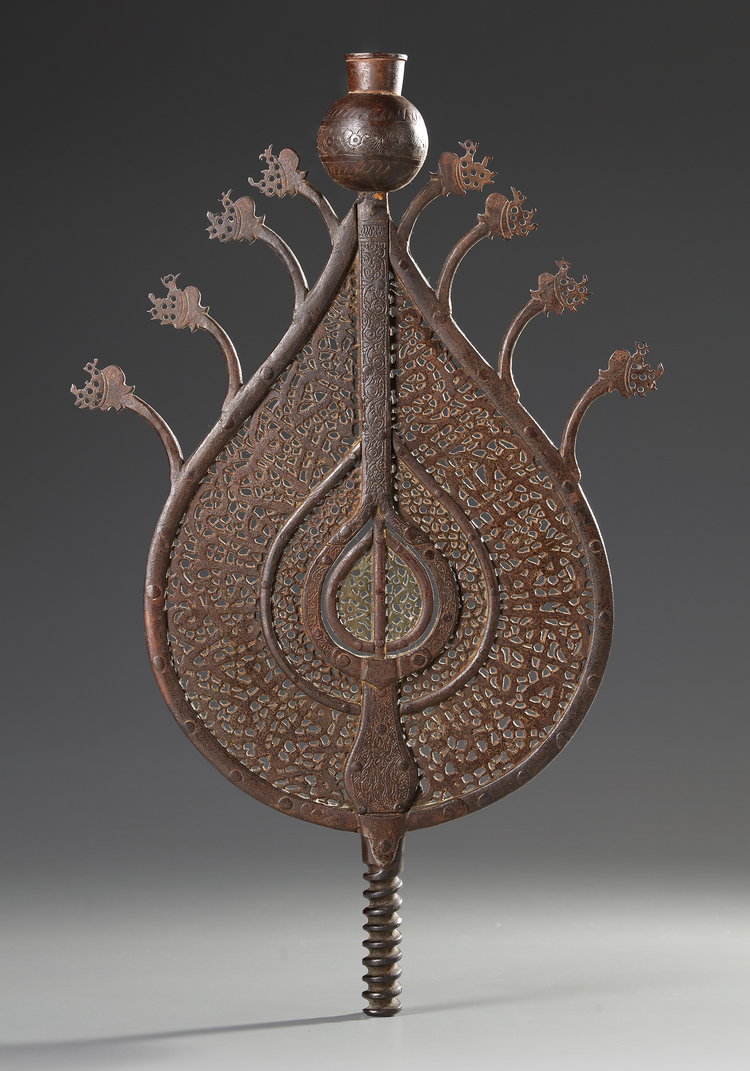 AN EARLY  SAFAVID PIERCED BRONZE PROCESSIONAL STANDARD (ALAM), PERSIA, DATED 924 AH/1518 AD