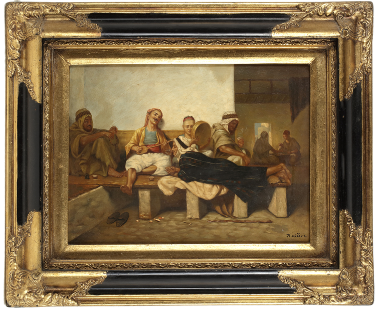A PAINTING DEPICTING A GROUP MAKING MUSIC AND SMOKING, 19TH-20TH CENTURY