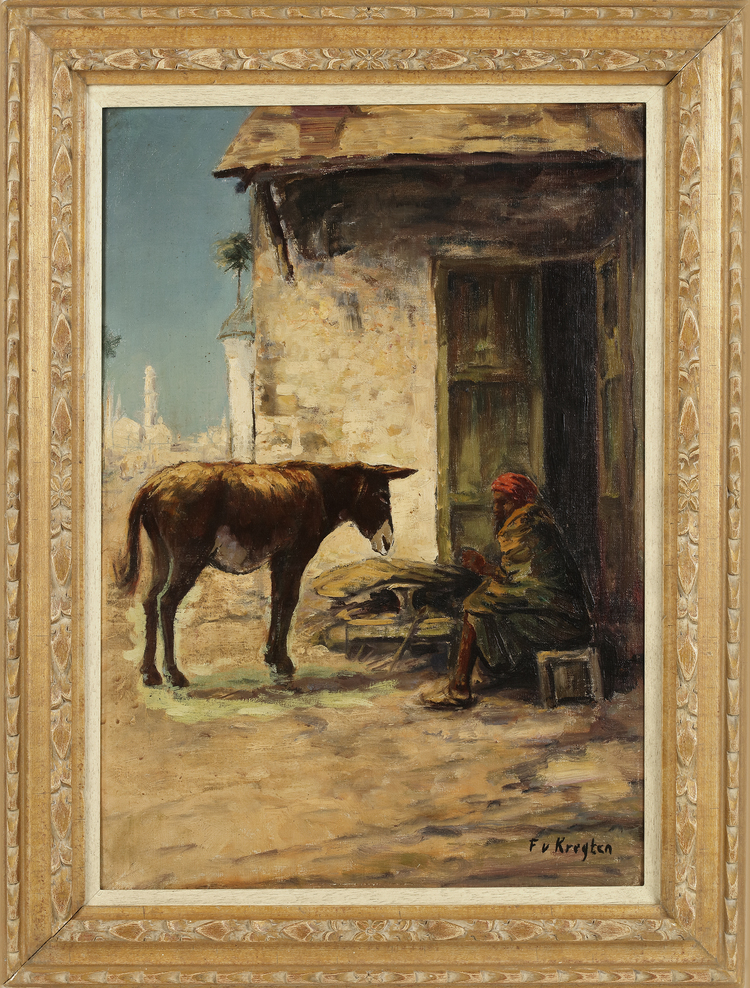 A PAINTING DEPICTING A DONKEY WAITING OUTSIDE HIS STABLE