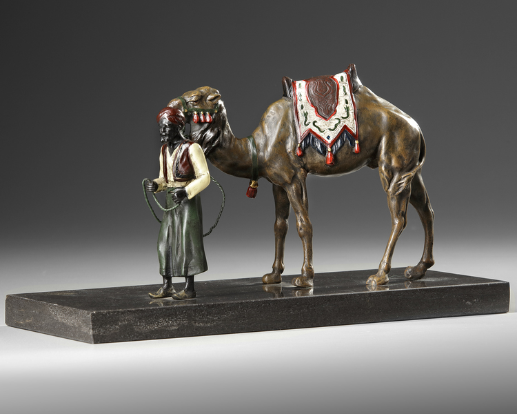 A VIENNA PAINTED BRONZE CAMEL AND A RIDER, AUSTRIA, EARLY 20TH CENTURY