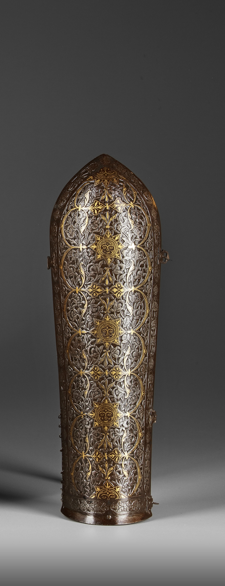 A QAJAR GOLD-DAMASCENED STEEL VAMBRACE (BAZUBAND), PERSIA, 19TH CENTURY