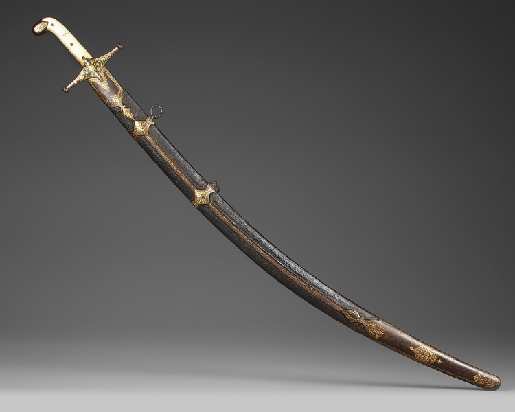AN IVORY HILTED WATERED-STEEL SWORD (SHAMSHIR), PERSIA, DATED 1244 AH/1828 AD