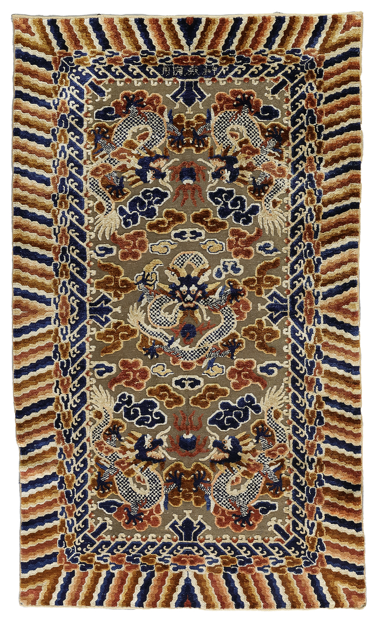 A CHINESE 'DRAGON' SILK AND METAL RUG, LATE 19TH CENTURY, PROBABLY MADE FOR THE IMPERIAL COURT