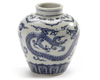 A SMALL CHINESE BLUE AND WHITE DRAGONS JAR, MING DYNASTY (1368-1644)