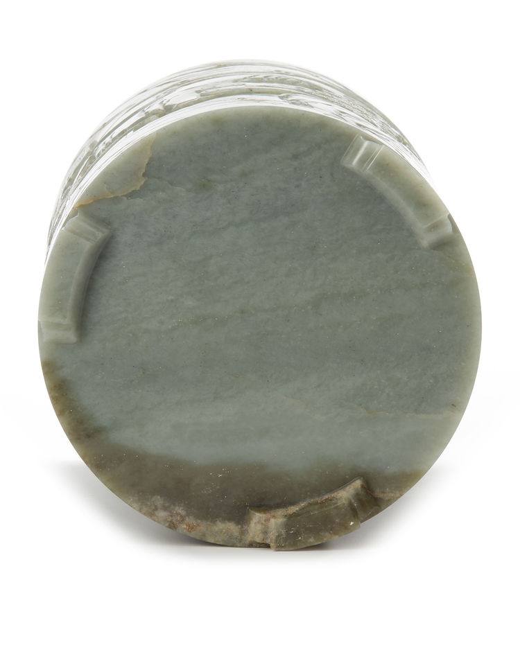 A CHINESE CARVED SPINACHGREEN JADE BRUSH POT, 19TH CENTURY