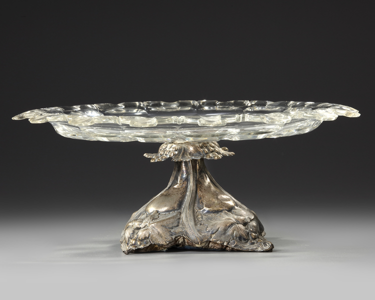 A LARGE FRENCH HAND CARVED CRYSTAL ON A SILVER FOOT, EARLY 19TH CENTURY