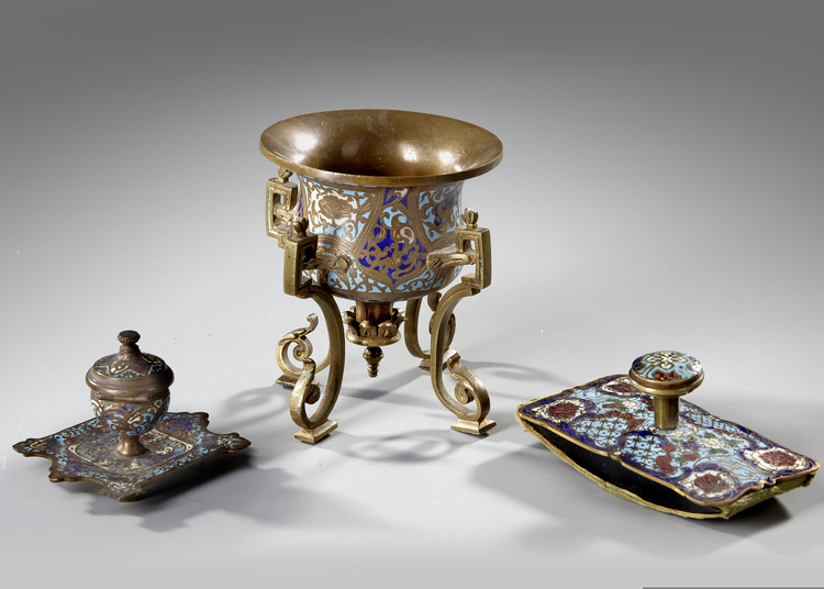 A FRENCH SET OF CLOISONNE/BRONZE ENAMELLED OBJECTS, 19TH CENTURY