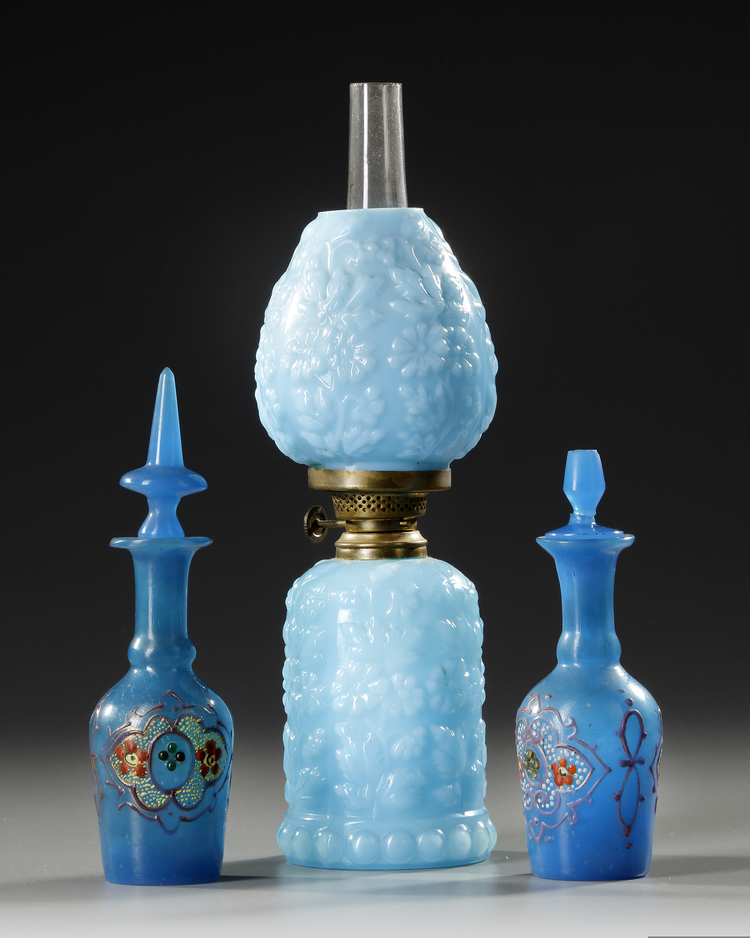 A GROUP OF TWO OPALINE BOTTLES AND AN OIL LAMP MADE FOR THE PERSIAN ISLAMIC MARKET, FRANCE, 19TH CENTURY