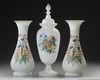 A SET OF OPALINE, HAND PAINTED VASES, FRANCE,  19TH CENTURY