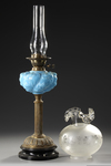 AN OPALINE OIL LAMP WITH BRONZE FOOT, MID 19TH CENTURY