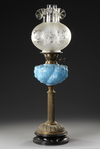 AN OPALINE OIL LAMP WITH BRONZE FOOT, MID 19TH CENTURY