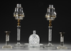 A SET OF BACCARAT CANDLESTICKS AND A BONBONNIERE, 1880