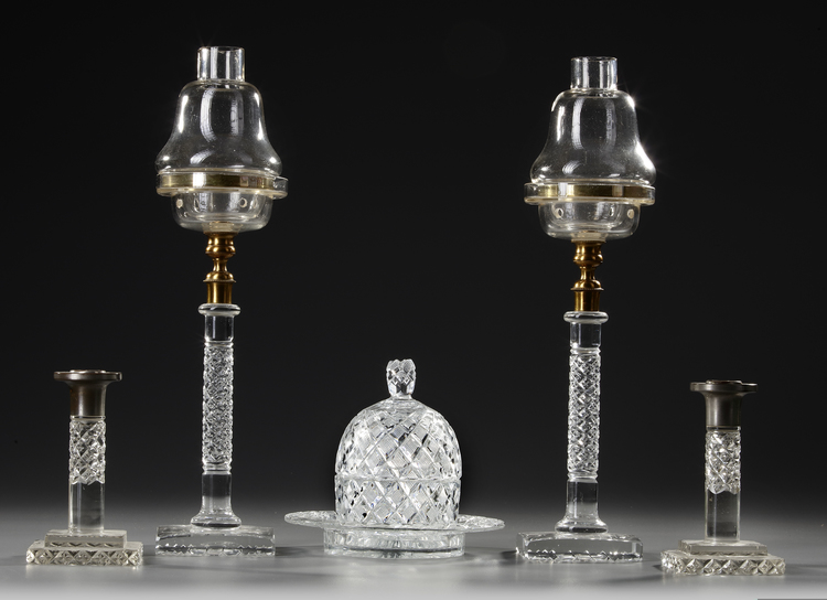 A SET OF BACCARAT CANDLESTICKS AND A BONBONNIERE, 1880
