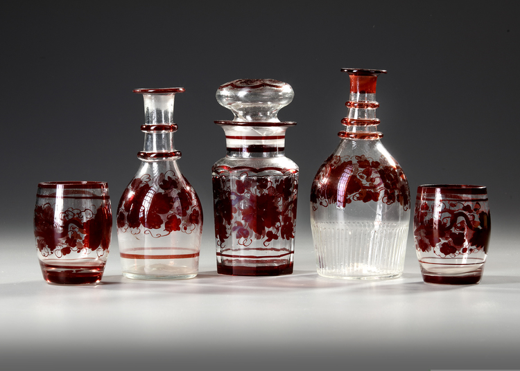 A GROUP OF RED PAINTED BOHEMIAN GLASSES, CIRCA 1880