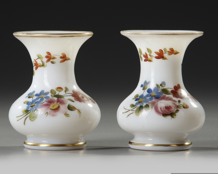 TWO IMPORTANT TINY HAND PAINTED OPALINE BACCARAT VASES, MID 19TH CENTURY