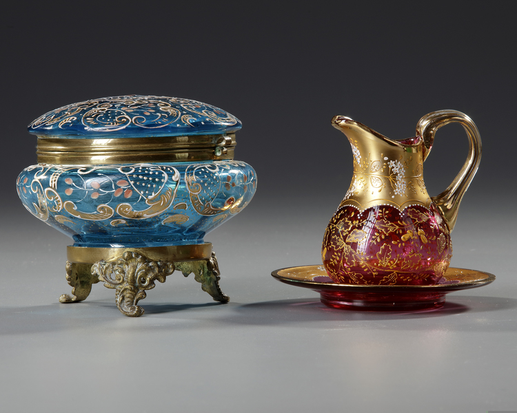 TWO BOHEMIAN MOSER GLASS, A  JEWELRY BOX AND A PITCHER, CIRCA 1880