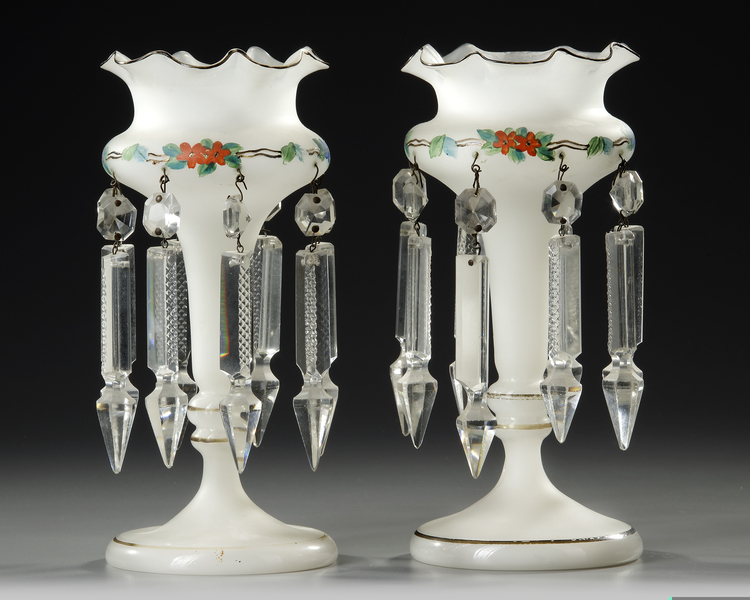 A PAIR OF 'MANTLE LUSTERS', HAND PAINTED OPALINE GLASS, CIRCA 1880