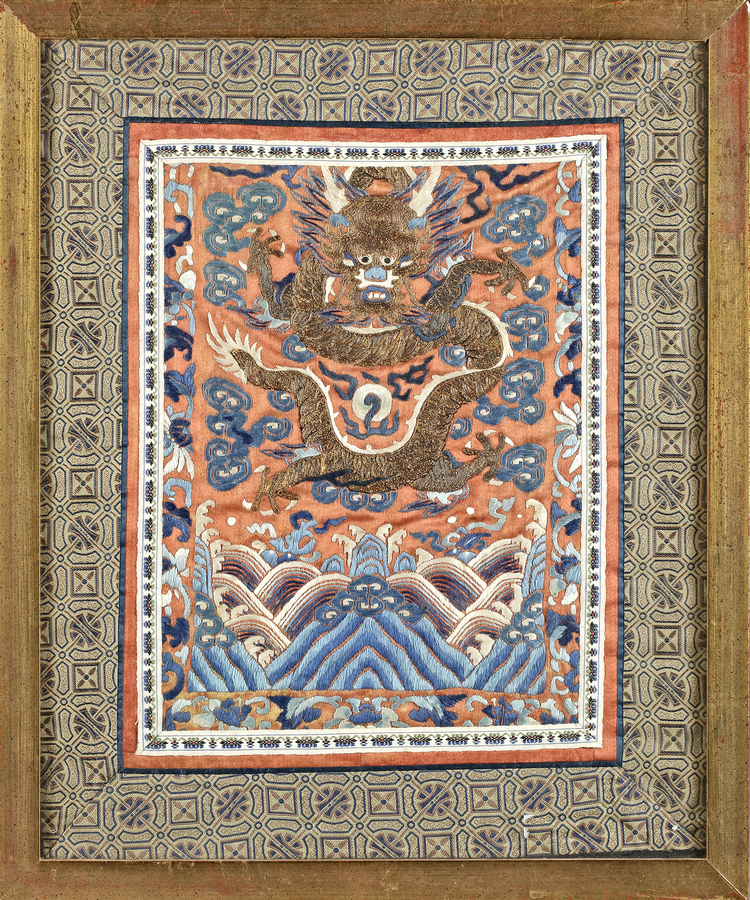 A CHINESE SILK EMBROIDERED DRAGON PANEL, QING DYNASTY (1644-1911)