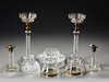 A SET OF BACCARAT CANDLESTICKS AND A BONBONNIERE, 1880
