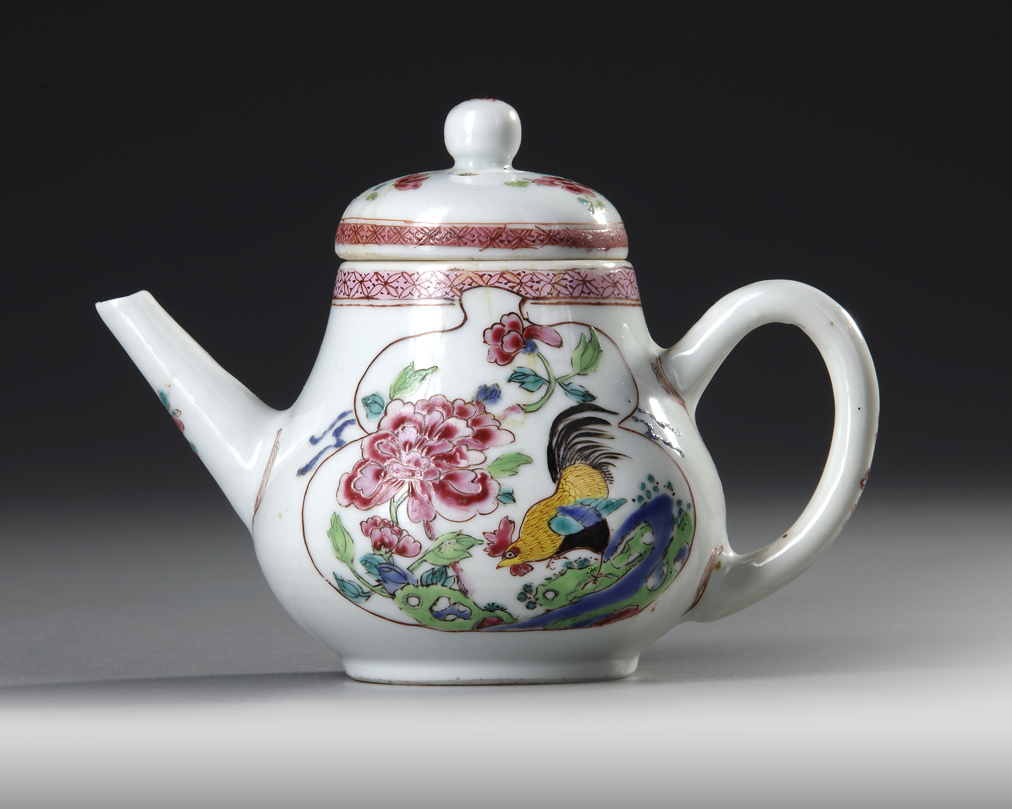 A CHINESE FAMILLE ROSE 'COCKEREL' TEAPOT, 18TH CENTURY