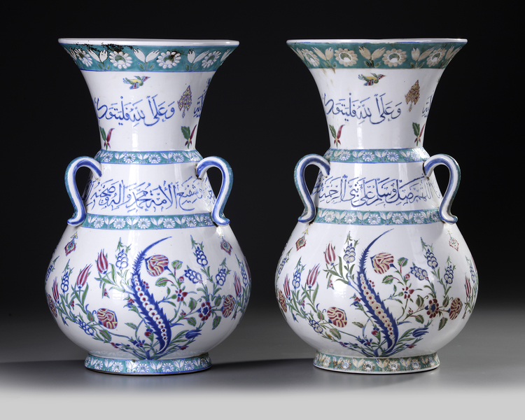 A PAIR OF LARGE KOTAHYA PORCELAIN MOSQUE LAMPS, 20TH CENTURY
