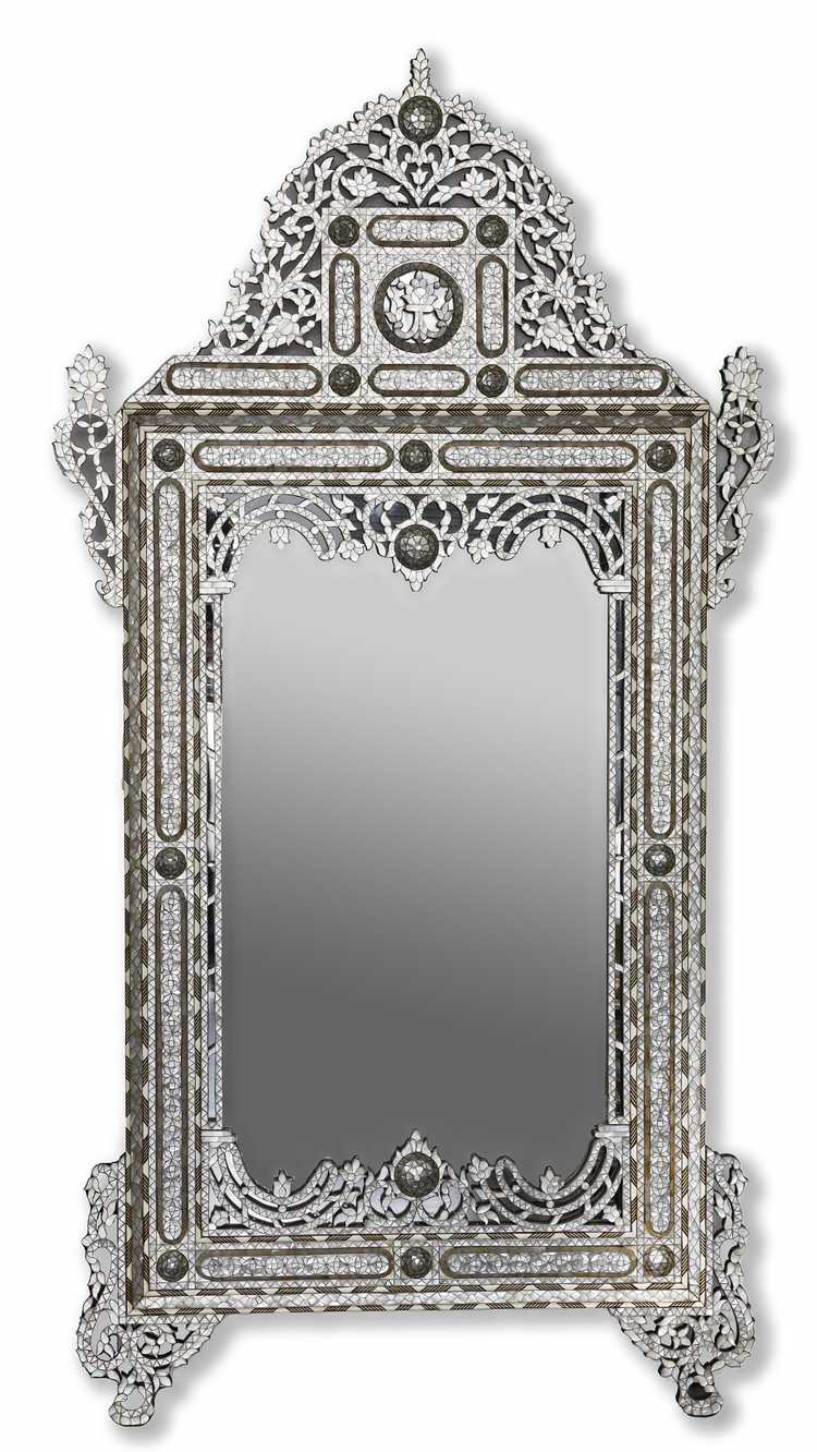 AN OTTOMAN MOTHER OF PEARL, BONE AND TORTOISESHELL INLAID WOODEN MIRROR, SYRIA, 19TH CENTURY