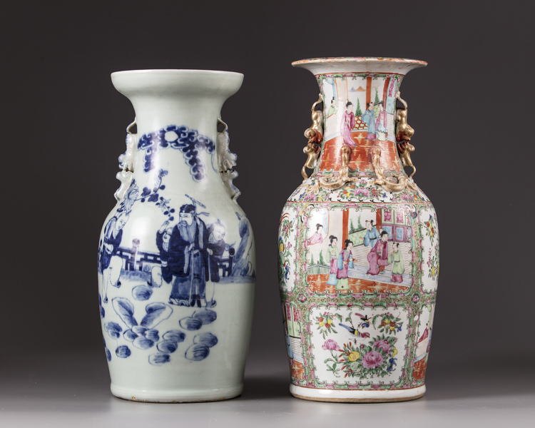 A Chinese cantonese and a blue and white vase