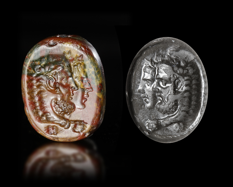 A SCARABOID WITH JUGATE HEADS OF HERACLES AND APOLLO, 4TH-5TH CENTURY AD